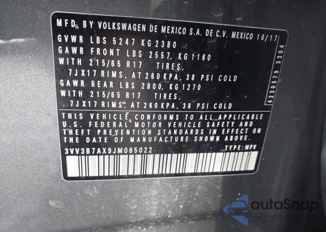 2018 Volkswagen Tiguan 2.0T Se/2.0T Sel z USA, uszkodzony, nr VIN 3VV3B7AX9JM065022